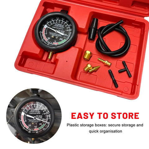 Heavy Duty Auto Fuel Pump And Vacuum Test Gauge Kit with brass fittings, gauge, hoses, and storage case for diagnostics.