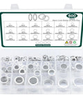 600 Piece Aluminum Crush Washer Set DIN2690, 18 Sizes organized in a clear plastic box for drain plugs and oil seals