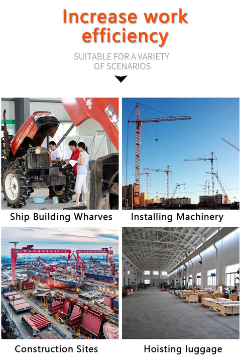 Collage of work efficiency in shipbuilding, machinery installation, construction, and luggage hoisting settings