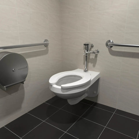 1.6 GPF Top Mount Exposed Sensor Flush Valve For Toilet With Gear-Driven Ceramic Cartridge Hardwired With Battery Backup And On-Demand Manual Flush For No Fuss Performance. Wall-mounted toilet with exposed chrome sensor flush valve in restroom.