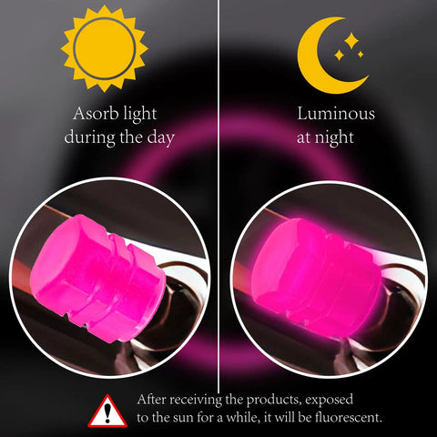 Eight Pack Fluorescent Glow Tire Valve Stem Caps Lit Car Tire Air Caps That Are Corrosion Resistant And Leak Proof Wheel Valve Covers Universal Fit For Cars Trucks Bikes Motorcycles Bicycles Pink, showing day and night luminescence.