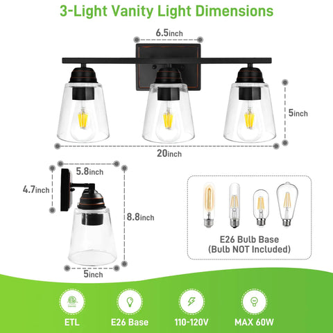 3 Light Vanity Light And 5 Piece All In One Bathroom Set In Oil Rubbed Bronze, 20 Inch Modern Wall Lamp With Clear Glass Shade, Includes Towel Bar, Towel Ring, Toilet Paper Holder And Robe Hook, Great For Bedroom, Living Room, Or Mirror