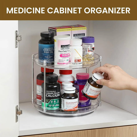 Two Tier Non Skid Acrylic Lazy Susan Turntable Organizer Rotating Spice Rack Spinning Tray For Kitchen Medicine Cabinet