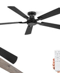 52 Inch Flush Mount Ceiling Fan With Remote Control, Dope Low Profile Black Design, Quiet DC Motor, No Light