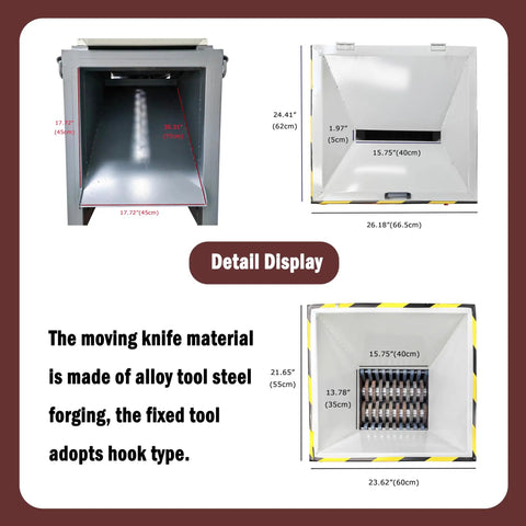 Detail display of Beast 220V Universal Biaxial Metal Shredder Crusher Machine showing openings and blade system.