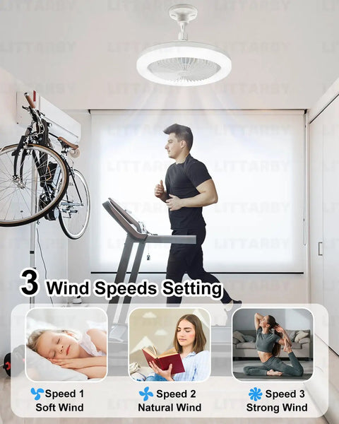 Screw In Ceiling Fan Light With Remote, Dimmable Led Bulb And Wireless Mini Breeze Maker illuminating a workout area with three wind speed settings.