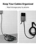 Ditch The Clutter With This Hella Sturdy Wall Mount EV Charger Holder Featuring A Heavy Duty J Hook For SAE J1772 Plugs on wall with organized cables.