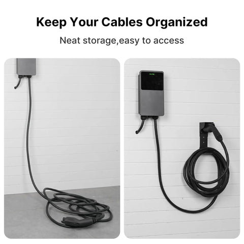 Ditch The Clutter With This Hella Sturdy Wall Mount EV Charger Holder Featuring A Heavy Duty J Hook For SAE J1772 Plugs on wall with organized cables.