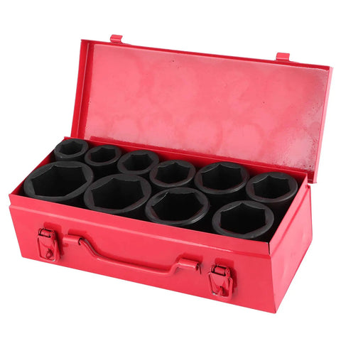 Big Grip 3/4 Inch Drive Metric Deep Impact Socket Set With CrMo Steel Heavy Duty Tool Kit For Car Auto Repair And Garage Use Includes 10 Pieces Ranging 6 To 50mm 6 Point Design Made Tough For Real Hardcore Jobs. red metal case with 10 black deep impact sockets