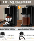 binROC Electric Conical Burr Coffee Grinder With Portafilter Holder In Sleek Black, two grinding methods shown with portafilter and container.