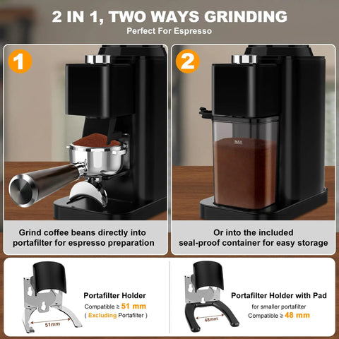 binROC Electric Conical Burr Coffee Grinder With Portafilter Holder In Sleek Black, two grinding methods shown with portafilter and container.