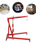 Heavy Duty Folding Hydraulic Engine Crane Hoist, 2 Ton Cherry Picker Rig displayed with warehouse background and engine parts.