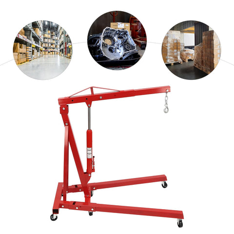 Heavy Duty Folding Hydraulic Engine Crane Hoist, 2 Ton Cherry Picker Rig displayed with warehouse background and engine parts.
