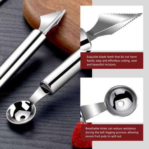 Four-piece stainless steel kitchen tool set including vegetable peeler, crinkle cutter, spiral slicer, and scoop.