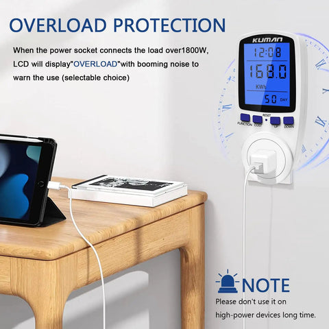 Smart Watt Meter For Home Use, Plug In Power Monitor with overload protection on wall, connected to device, clock overlay