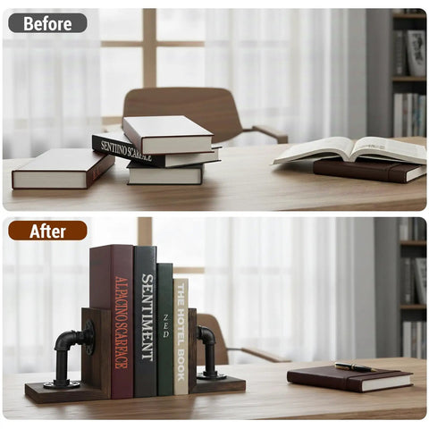 Legit Industrial Bookends Featuring Charred Pine And Genuine Metal Pipe Fittings And Badass 2 Piece Set for stacked books on desk.
