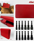 Magnetic Nut Driver Set With Chrome Vanadium Steel Twelve Piece Kit For Impact Drills Includes SAE Sizes From One Quarter Inch To Nine Sixteenths Inch And Metric From Eight To Fourteen Millimeters With One Quarter Inch Hex Shank red case open and closed with driver sizes displayed