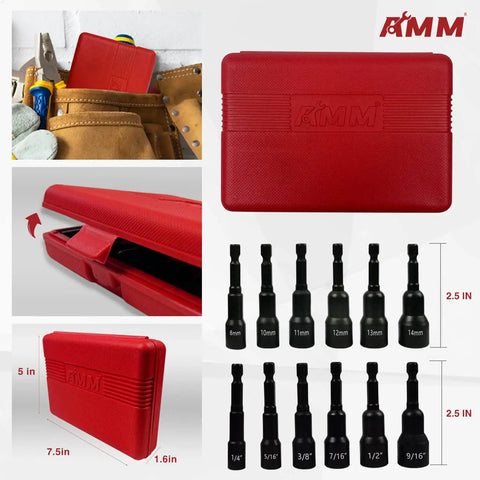 Magnetic Nut Driver Set With Chrome Vanadium Steel Twelve Piece Kit For Impact Drills Includes SAE Sizes From One Quarter Inch To Nine Sixteenths Inch And Metric From Eight To Fourteen Millimeters With One Quarter Inch Hex Shank red case open and closed with driver sizes displayed