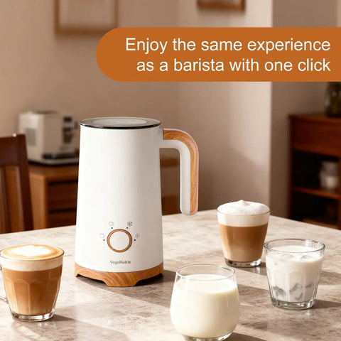 Powerful 4 In 1 Electric Milk Frother And Warmer With Dual Whisks For Quick Auto Foam And Heat, on kitchen counter with drinks