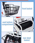 Multi storage baskets on Outdoor Pedal Tricycle For Kids Ages 3 To 10, rear steel basket and front basket detail view.
