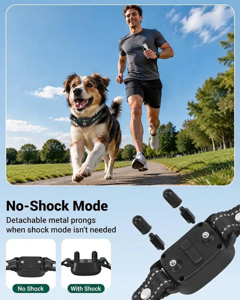 Person running with happy dog using Hella Tough Long Range Dog Training Collar With 2600 Foot Waterproof Remote And Safe Vibration Beep Shock Levels For Your Furry Best Boy Seeking Straight Up Reliable Behavior Correction.