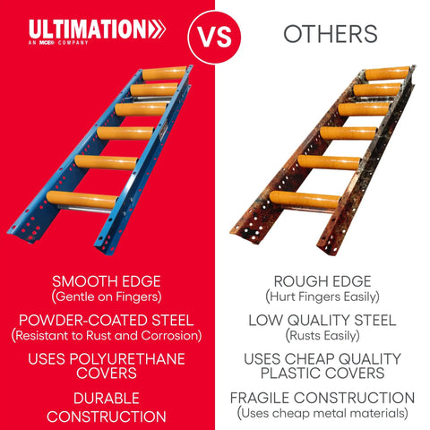Comparison image of 12 Inch Wide By 5 Feet Long Light Duty Gravity Conveyor Steel Frame Galvanized Rollers Polyurethane Coated For Shipping Assembly.