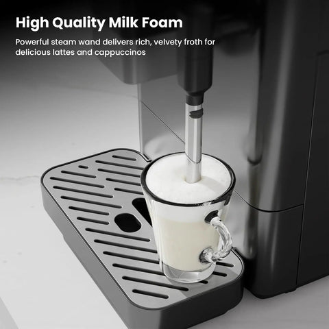 Hella Smooth 20 Bar Automatic Espresso Machine Featuring Built In Grinder And One Touch Brew For Single Double Shots Or Americanos With Smart Alerts And No Fuss Maintenance, showcasing high-quality milk foam in glass.