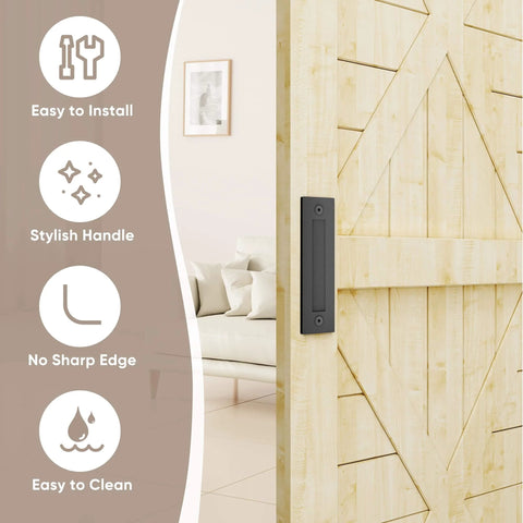 8-3/5 Inch Sliding Barn Door Handle Matte Black Finger Pull Flush Mount on wooden door with easy install features visible