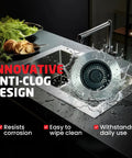 Top Rated Kitchen Sink Drain Strainer Plus Pop Up Sink Stopper With Removable Anti Clog Basket Slick Stainless Steel Food Catcher Fit in sink with water splashing.