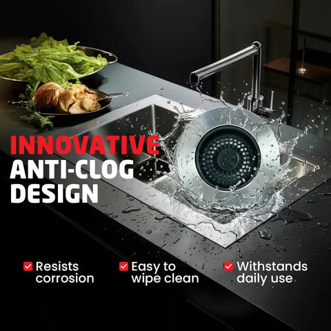 Top Rated Kitchen Sink Drain Strainer Plus Pop Up Sink Stopper With Removable Anti Clog Basket Slick Stainless Steel Food Catcher Fit in sink with water splashing.