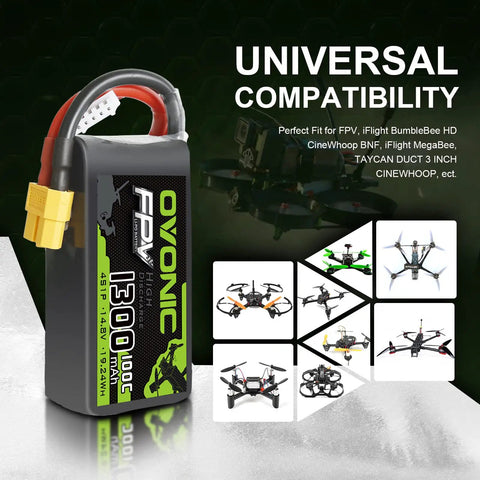 4S 1300mAh 14.8V LiPo Battery With XT60 Connector For RC FPV Racing Drone Quad Copter 100C High Discharge Soft Case image