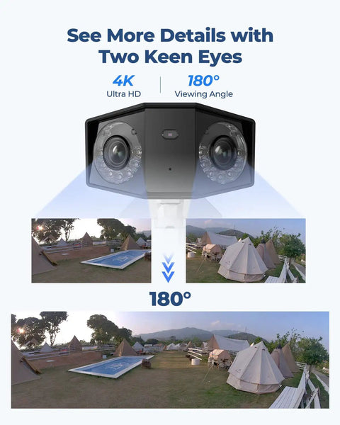 4K PoE Security Camera System With Dual Outdoor Cameras 180 Degree Panoramic View shown in a home surveillance setting.