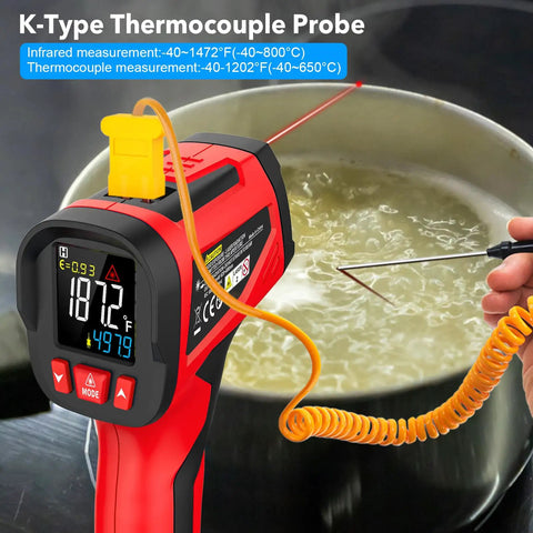 Digital Infrared Thermometer Gun With Probe For Non Contact Temperature Readings, Fast Laser Temp Gun For Cookin And Grillin On The Grill, Pizza Oven, Griddle And Meat, Adjustable Emissivity 0.1 To 1.0, 12:1 Distance To Spot, -40 To 1472 Fahrenheit with K-type probe measuring boiling pot