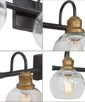 Close-up details of Dope Three Light Vanity Fixture For Bathroom With Oil Rubbed Bronze Finish, Antique Gold Sockets, Clear Glass Globe Shades.