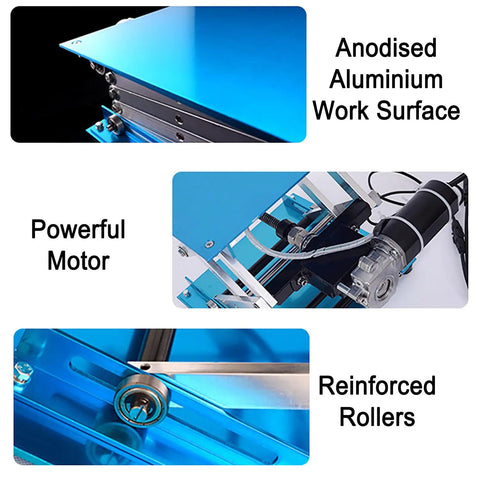 Heavy Hitter Electric Lab Lift Stand shows anodised aluminum work surface, powerful motor, and reinforced rollers for stability.