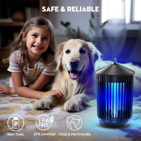 Child and dog sitting beside Powerful Indoor Outdoor Bug Zapper With 20W UV Light Mosquito Traps And 4200V Grid For Patio Garage Backyard Porch IPX4 Waterproof Mosquito Killer That Keeps Family Safe From Bites indoors