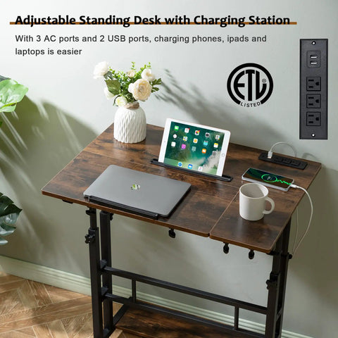 Mobile Standing Desk With Adjustable Height Rolling Desk Stand Up Station For Home Office Portable Laptop Desk On Wheels With Charging Station Rustic Brown indoors with laptop and tablet.