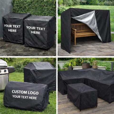 Collage of custom fit dust protection cover for equipment and furniture made to measure protective cover with personalized text or logo