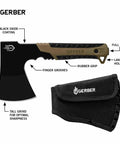 Compact Pack Hatchet With 3.5 Inch Steel Blade, Full Tang, Ergonomic Rubber Grip For Comfortable Chops, Ideal For Camping, Bushcraft, And Survival, Mountable Nylon Sheath Included In Brown image displaying labeled parts.