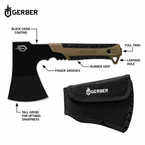 Compact Pack Hatchet With 3.5 Inch Steel Blade, Full Tang, Ergonomic Rubber Grip For Comfortable Chops, Ideal For Camping, Bushcraft, And Survival, Mountable Nylon Sheath Included In Brown image displaying labeled parts.