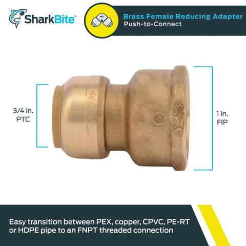 3/4 To 1 Inch FNPT Water Softener Adapter Brass Push To Connect Fitting For PEX Copper CPVC PE-RT HDPE Piping, Quick Install MNPT Reducer