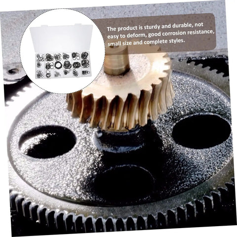 Close-up of gear with 225 Piece Carbon Steel C Shape Retaining Ring Kit External Snap Rings in storage case, top corner inset