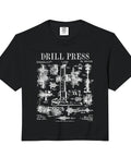 Retro Blueprint Drill Press Crop Top For Mechanics And Woodworking Craftsmen Dope Patent Diagram Tee For DIY Handymen And Tradesman Workshop Gear Vibes Edition, black cotton crop tee featuring vintage drill press illustration.