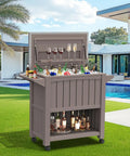 120 Quart Outdoor Rolling Cooler With Wheels Bottle Opener And Built In Shelves Stainless Steel Lid Backyard Ice Chest for BBQs camping and parties light brown next to pool