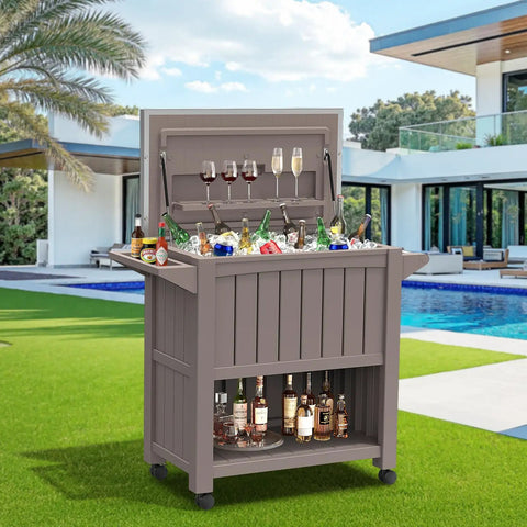 120 Quart Outdoor Rolling Cooler With Wheels Bottle Opener And Built In Shelves Stainless Steel Lid Backyard Ice Chest for BBQs camping and parties light brown next to pool