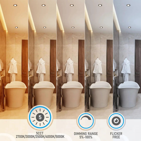 Slim 4 Inch 5CCT Recessed LED Downlight Kit with J Box Canless Aluminum Dimmable from 5 to 100 Percent ETL Listed Oil Rubbed Bronze Finish 2700K to 5000K Pack of 6 showing dimming and color temperature settings in bathroom