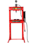 Heavy Duty 30 Ton Air Hydraulic Shop Press With Integrated Gauge Rock Solid H Frame Rig straight on view, showcasing the red structure and gauge.