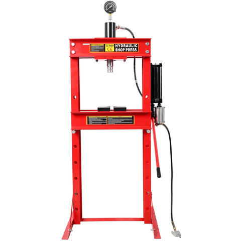 Heavy Duty 30 Ton Air Hydraulic Shop Press With Integrated Gauge Rock Solid H Frame Rig straight on view, showcasing the red structure and gauge.