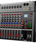 Eight Channel DJ Mixer With Bluetooth And USB Interface For Pro Sound DSP showing controls and inputs
