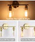 Dope Gold Vanity Light Fixture With Glass Shade Brushed Brass Wall Sconces, shown lit and unlit on white and warm backgrounds.